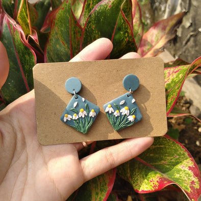 Handmade earring from clay - Blue Flowers